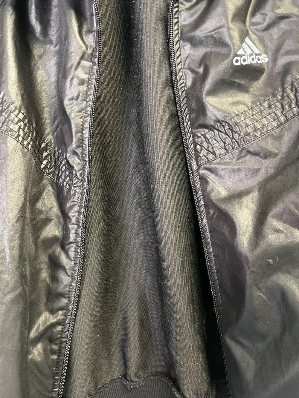 Vtg Adidas Originals Men Large Black Mixed Media Track Jacket Shiny Nylon Panel